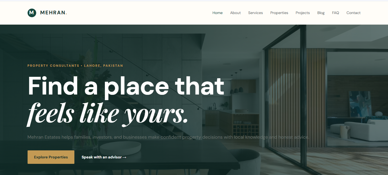 Mehran Estates homepage preview