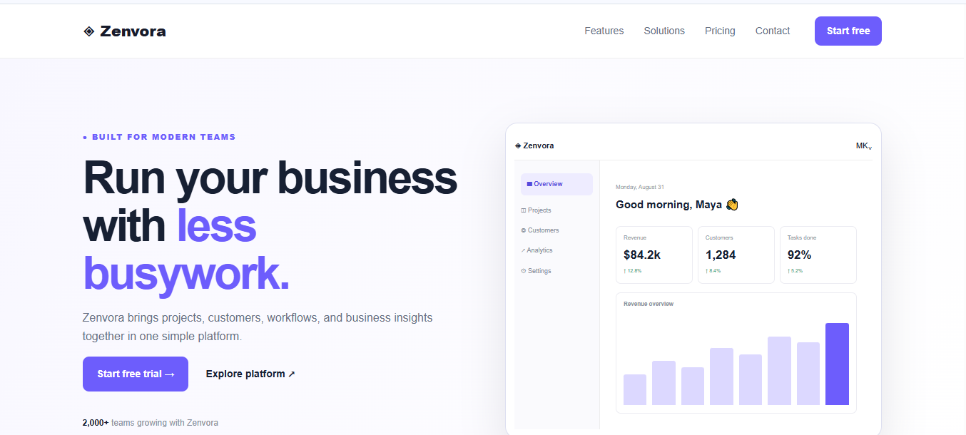 Zenvora homepage preview